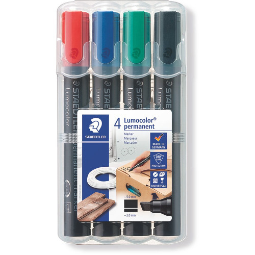 Staedtler 350 Lumocolor Permanent Marker 2.0 - 5.0mm Chisel Point Assorted Colours Wallet fo 4