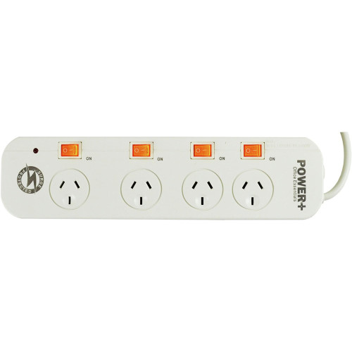 ITALPLAST 4 Outlet Powerboard with Individual Switch, Surge & Overload Protection - White