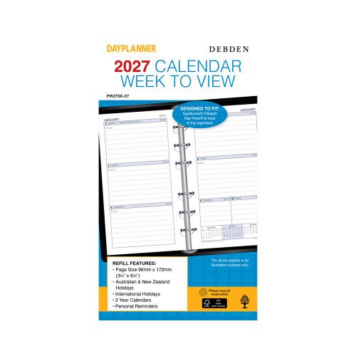 DEBDEN DAYPLANNER PERSONAL EDITION REFILLS - 6 RING Weekly Dated (1 Year) (Pre-Order Now for 2027) ** ETA 30/9/2026 **