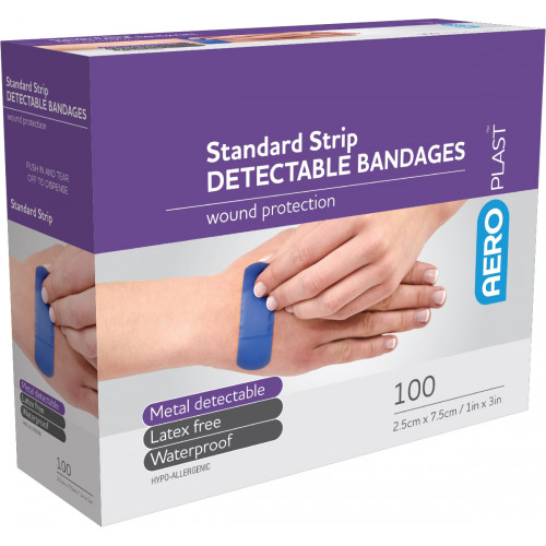 AEROPLAST Standard Detectable Strips 7.5 x 2.5cm, Box of 100