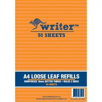 WRITER A4 Loose Leaf BINDER REFILLS Dotted Thirds 18mm 50Lf