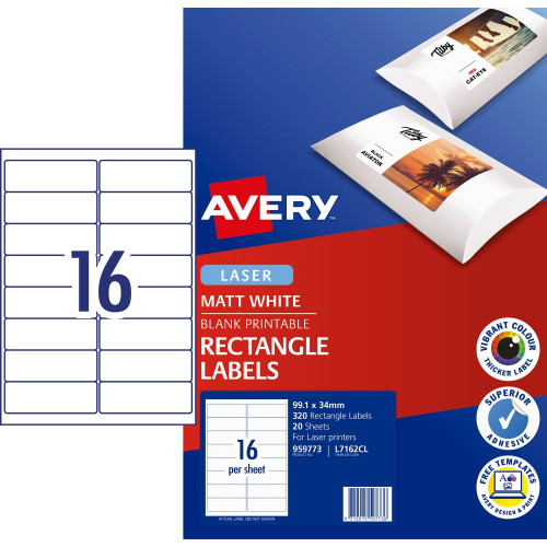 AVERY L7162CL COLOUR LASER LABEL 16 UP 20 Sht 99 1x34mm Matt White (320 Labels)