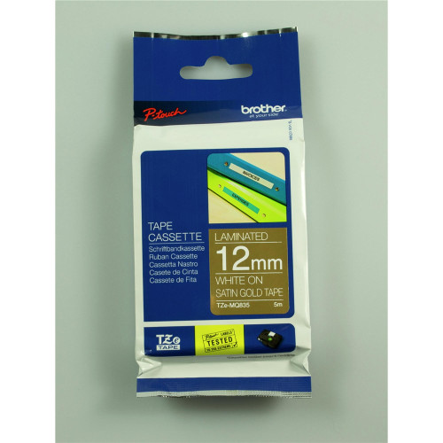 BROTHER TZE-MQ835 PTOUCH TAPE 12mm x 5mtr White On Gold Satin