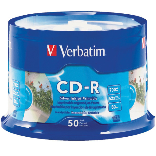 VERBATIM RECORDABLE INKJET PRINTABLE CD SPINDLE CD-R 80min 700MB 52X Silver Pk50