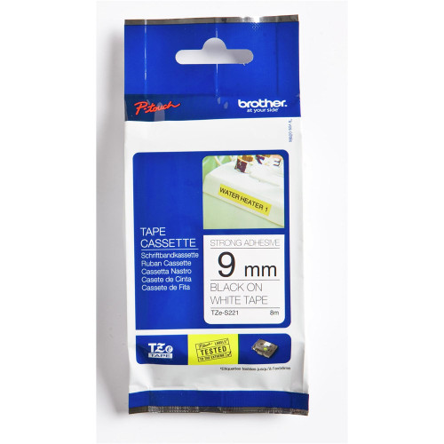 BROTHER TZE-S221 PTOUCH TAPE 9mm x 8mtr Black On White Strong Adhesive