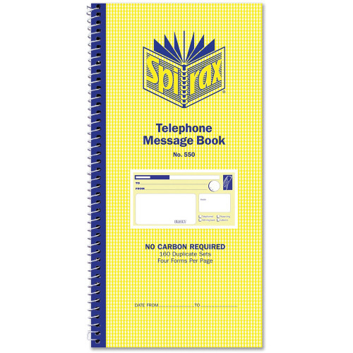 SPIRAX 550 TELEPHONE MESSAGE BOOKS 279x144mm Side Bound 160 Duplicate Sets / 4 Per View