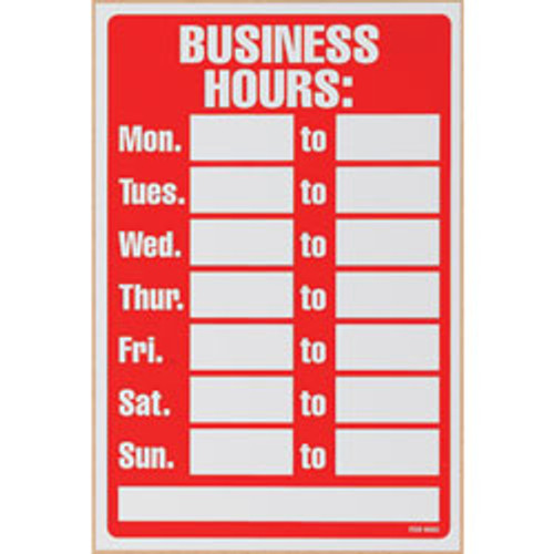 HEADLINE  COLOURED SIGNS 203x305mm "Business Hours" Red/White