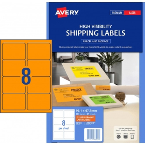 AVERY MAILING LASER LABELS L7165FO 8L/P/Sht 99.1x67.7mm, Laser, Fluoro Orange, 200 Labels / 25 Sheets