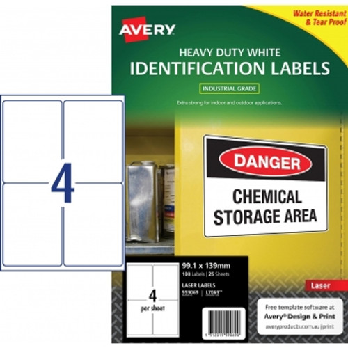 AVERY DURABLE HEAVY DUTY LASER LABELS L7069 4 L/P/Sht 99.1x139mm (Box of 100)