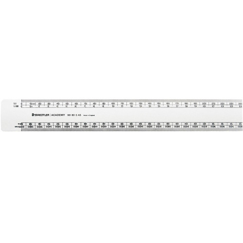 Staedtler 961 Academy Oval Scale Rules 300mm - AS1212-3 (Front- 1:1,1:100, 1:20, 1:200 - Back- 1:25,1:250, 1:50, 1:500)