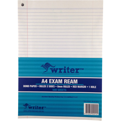 A4 EXAM PAPER 55GSM 8MM RULED + MARGIN - ONE HOLE PUNCHED - 500 SHEETS