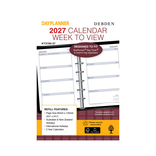 DEBDEN DAY PLANNER REFILLS Pocket Weekly Dated Calander KT3700 (Pre-Order Now for 2027) ** ETA 30/9/2026 **
