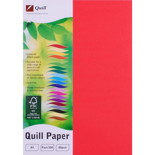Quill Coloured Paper 80gsm A4 - Red, Pack of 100 (90060)