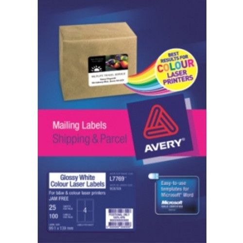 AVERY L7769 COLOUR LASER LABEL 4/Sheet 99.1x139mm Glossy White, 100 Labels / 25 Sheets