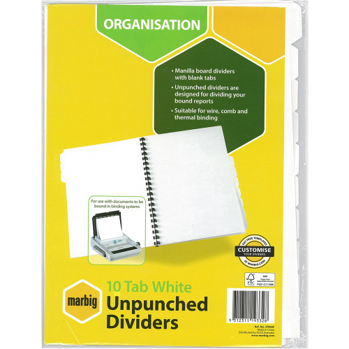 MARBIG UNPUNCHED DIVIDERS 10 Tab A4 White