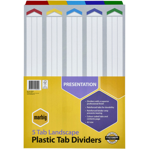 MARBIG MULTI COLOURED A3 BOARD DIVIDERS 1-5 Tab Landscape