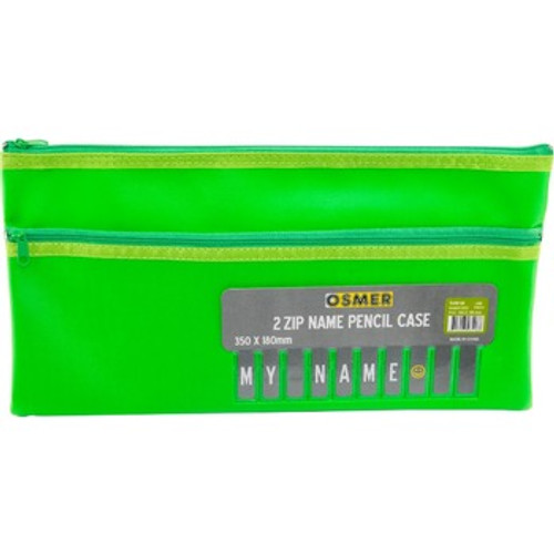 PENCIL CASE PVC CLOTH BACKED WITH ALPHABET NAME INSERT - 35 X 18CM - 2 ZIP - GREEN