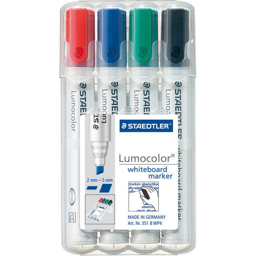 Staedtler 351 Lumocolor Whiteboard Marker 2.0 - 5.0mm Chisel Tip Assorted Colours Wallet of 4
