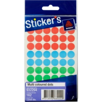 AVERY STICKER HANDIPACKS Multi-coloured, 12mm circles, 1620 stickers (10 X Pk162)