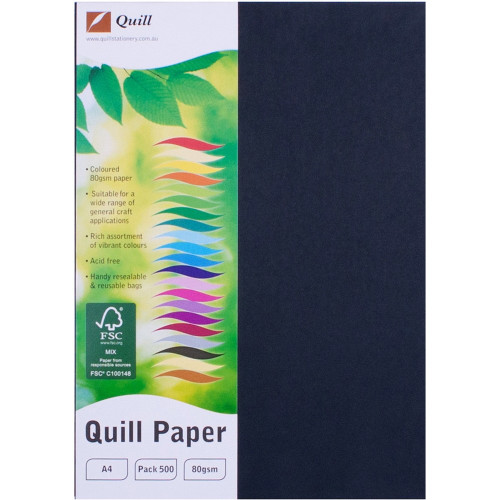 Quill Coloured Paper 80gsm A4 - Black, Pack of 500 (90171)