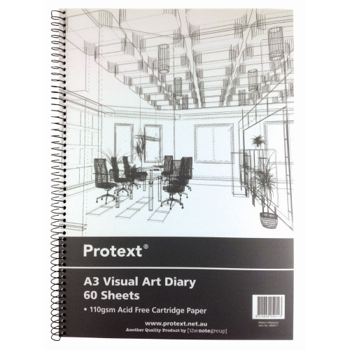 A3 120 PAGE (60 SHEETS) VISUAL ART DIARY 110GSM ACID FREE CARTRIDGE PAPER - CLEAR PP COVER, BLACK WIRE 420X297MM