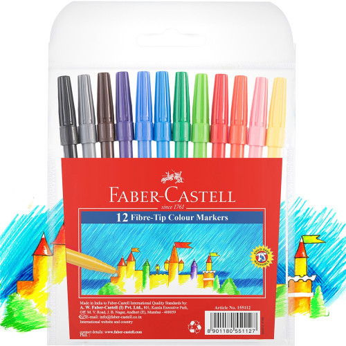 FABER-CASTELL FIBRE-TIP COLOUR MARKERS Assorted Pack of 12 50-155112
