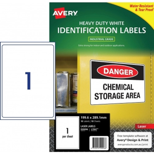 AVERY DURABLE HEAVY DUTY WHITE IDENTIFICATION LASER LABELS L7067 1 Label Per Sheet 199.6x289.1mm 10 Sheets