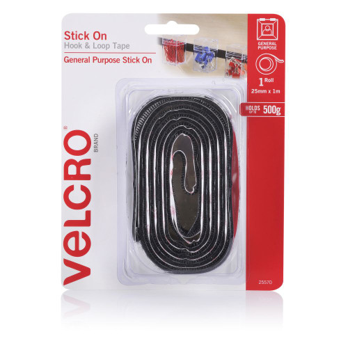 VELCRO BRAND HOOK & LOOP Tape Stick On 25mm X 1M Black