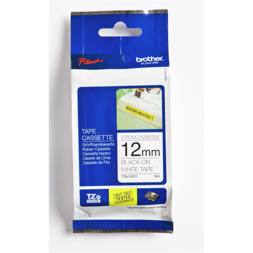 BROTHER TZE-S231 PTOUCH TAPE 12mm x 8mtr Black On White Strong Adhesive