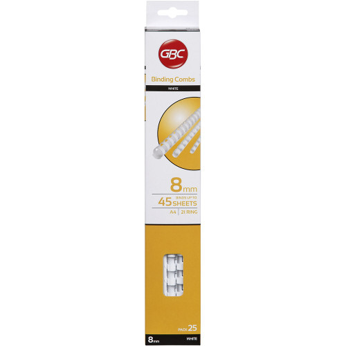 GBC PLASTIC BINDING COMB 8mm 21 Ring 45 Sheets Capacity White Pack of 25