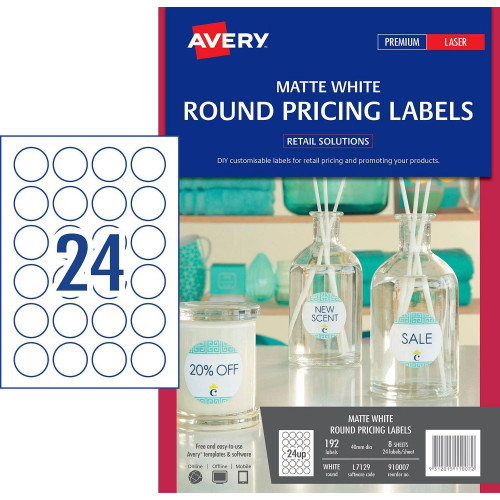 LABELS AVERY LASER/INKJET L7129 40MM ROUND MATT WHITE 24UP PACK OF 8 SHEETS