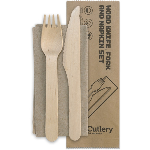 CUTLERY WOODEN KNIFE + FORK + NAPKIN SET (W-FKN) Carton of 400 Sets