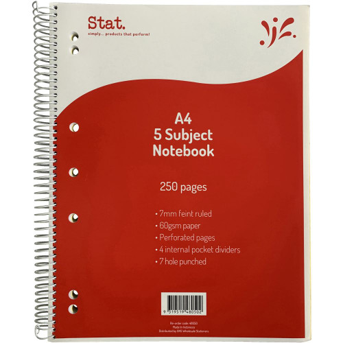 STAT NOTEBOOK A4 7MM RULED 60Gsm Red 5 Subject 250 Pages