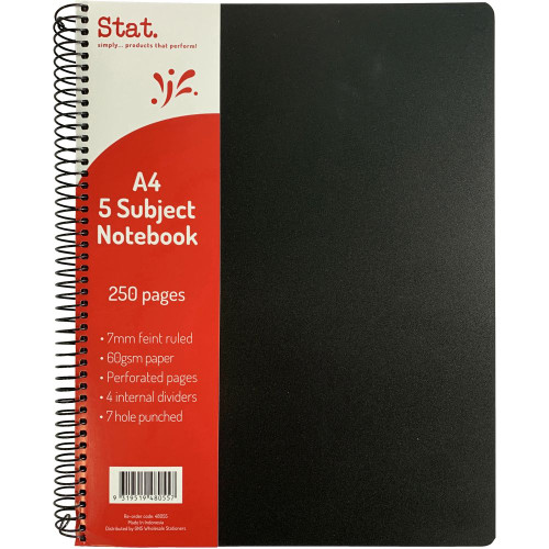 STAT NOTEBOOK A4 7MM RULED 60Gsm Black 5 Subject Pp Cover 250 Pages