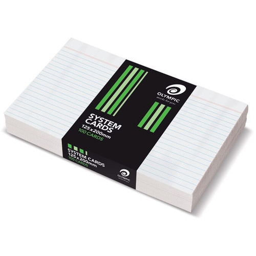Olympic System Card Ruled 8" x 5" (125 x 200mm) White, Pack of 100 (141462)