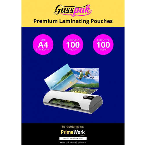 Gusspak A4 Laminating Pouches 216mm x 303mm 100 Micron Premium Gloss Pack Of 100