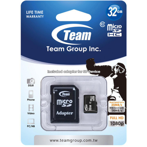 Team Group Memory Card microSDHC 32GB, Class 10, 14MB/s Write, with SD Adapter, Lifetime Warranty