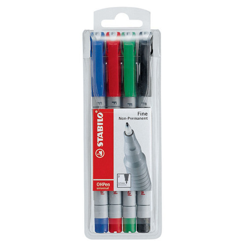 STABILO OHPEN UNIVERSAL OVERHEAD PROJECTOR PEN SOLUBLE FINE ASSORTED WALLET OF 4