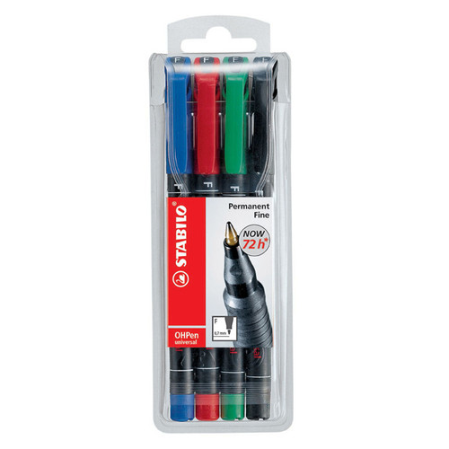STABILO OHPEN UNIVERSAL OVERHEAD PROJECTOR PEN PERMANENT FINE ASSORTED WALLET OF 4