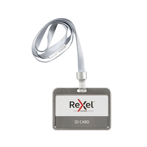 REXEL ID CARD HOLDER WITH LANYARD ALUMINIUM SILVER LANDSCAPE