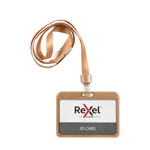 REXEL ID CARD HOLDER WITH LANYARD ALUMINIUM ROSE GOLD LANDSCAPE