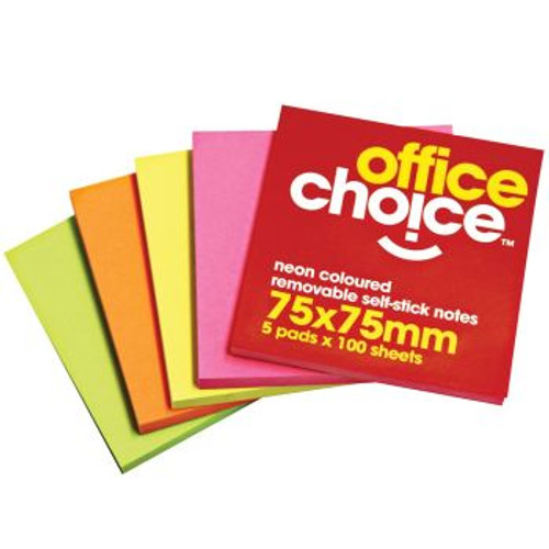 OFFICE CHOICE NOTES 75x75mm Neon Coloured PK5 123080OC ** While Stocks Last **