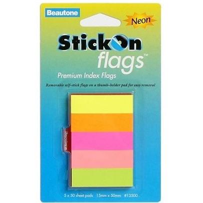 Stick On Flags 15mm x 50mm 5 Pads x 50 Sheets - Neon Assorted (13500)