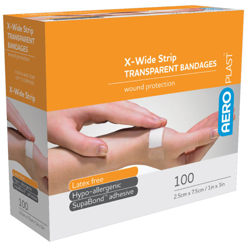 AEROPLAST Transparent X-Wide Strip 7.5 x 2.5cm, Box of 100