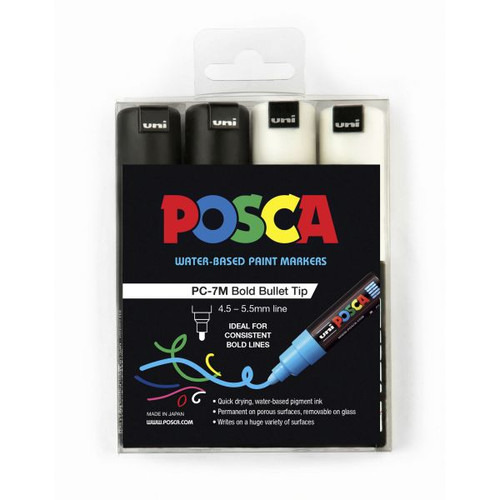 UNI Posca Poster Marker PC-7M 4.5mm Bold Bullet Black and White Pack of 4