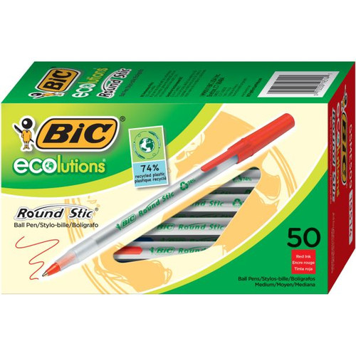 Bic Ecolutions Ballpoint Pen Round Stic Medium Red Box of 50