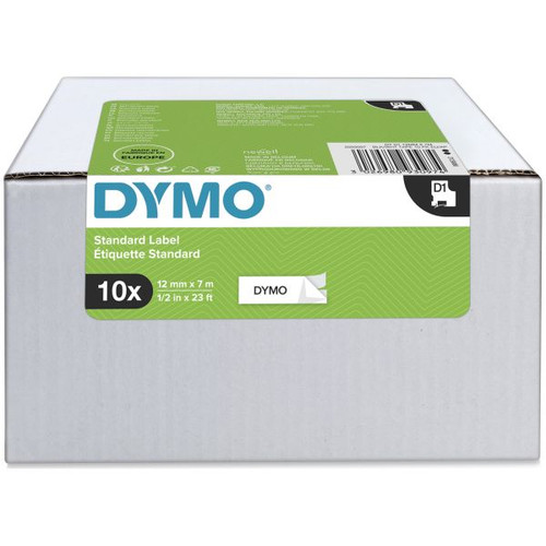 Dymo D1 Label Cassette Tape 12mm x 7m Black on White Value Pack of 10