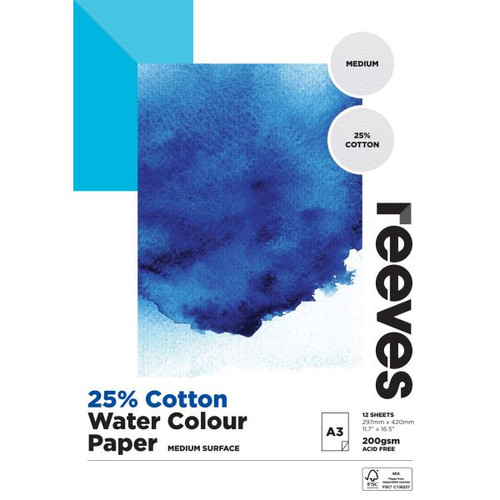 Reeves Cotton Mix Water Colour Pad A3 200gsm FSC 12 Sheets