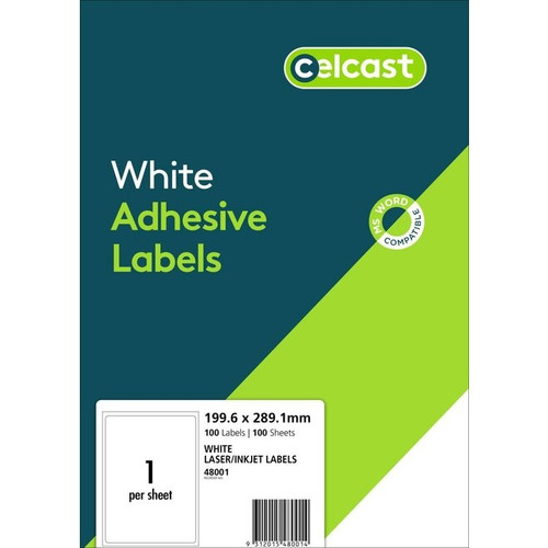 CELCAST MULTIPURPOSE LABELS 1UP 199.6 X 289.1MM PACK 100