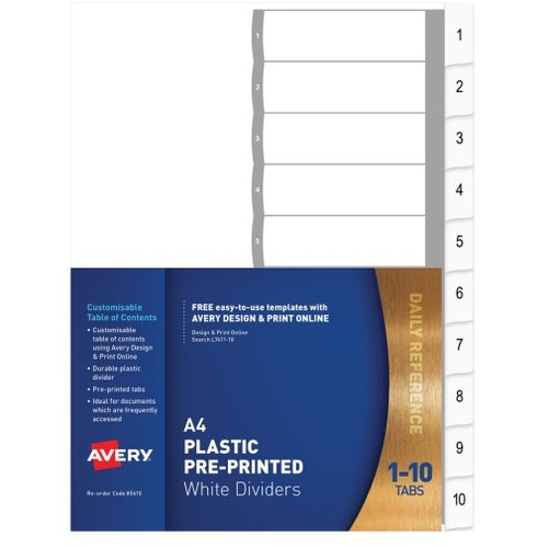 Divider A4 Avery Polyprop 1 To 10 Index White L7411-10 (AVD-85610)